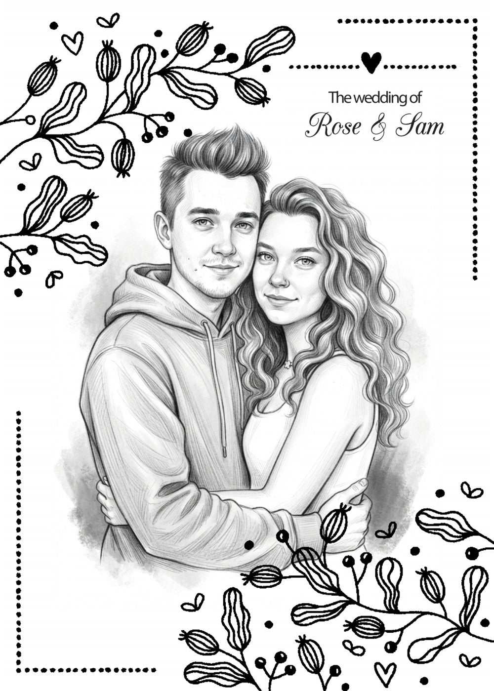 Personalized wedding invitation with video, charcoal drawing of bride and groom