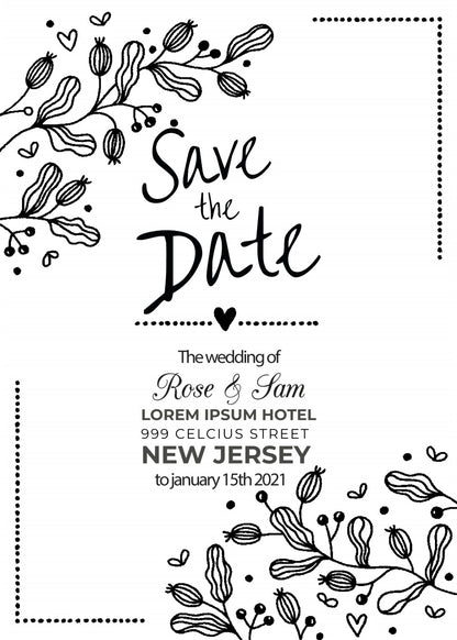 Personalized wedding invitation with video, charcoal drawing of bride and groom