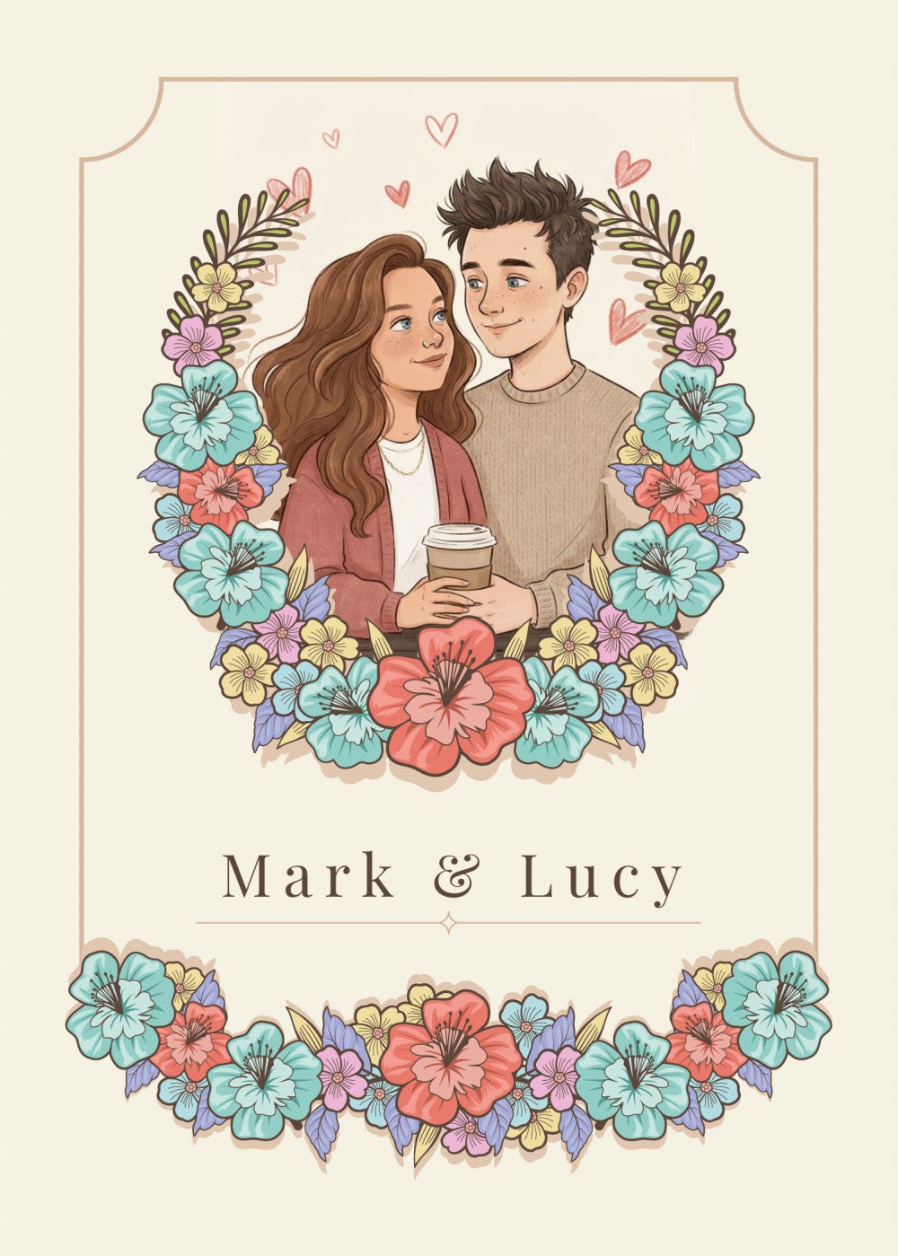 Personalized wedding invitation, coffee and lovers
