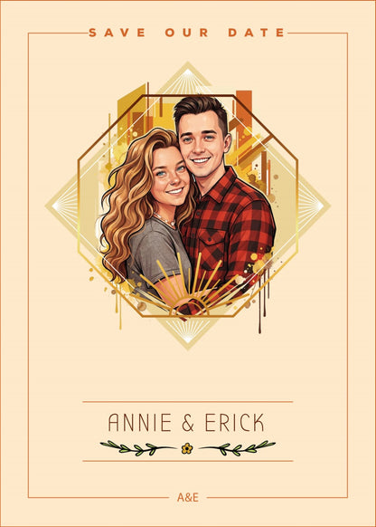 Personalized wedding invitation, colorful design for bride and groom