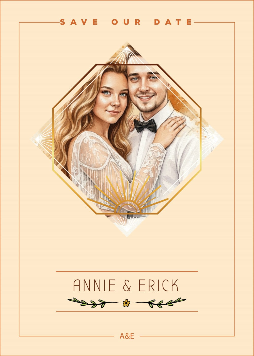 Personalized wedding invitation, corners design for bride and groom