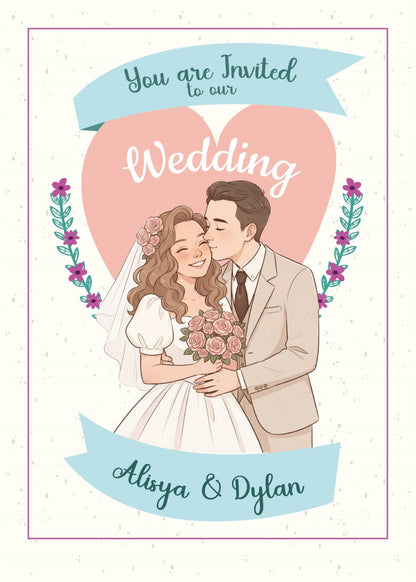 Personalized wedding invitation, fairytale character bride and groom