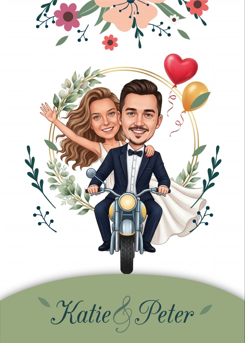Personalized wedding invitation, happy bride and groom