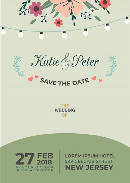 Personalized wedding invitation, happy bride and groom