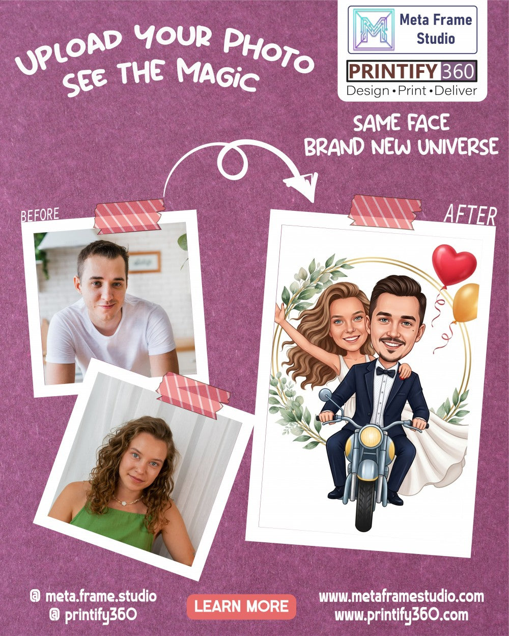 Personalized wedding invitation, happy bride and groom