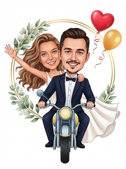 Personalized wedding invitation, happy bride and groom