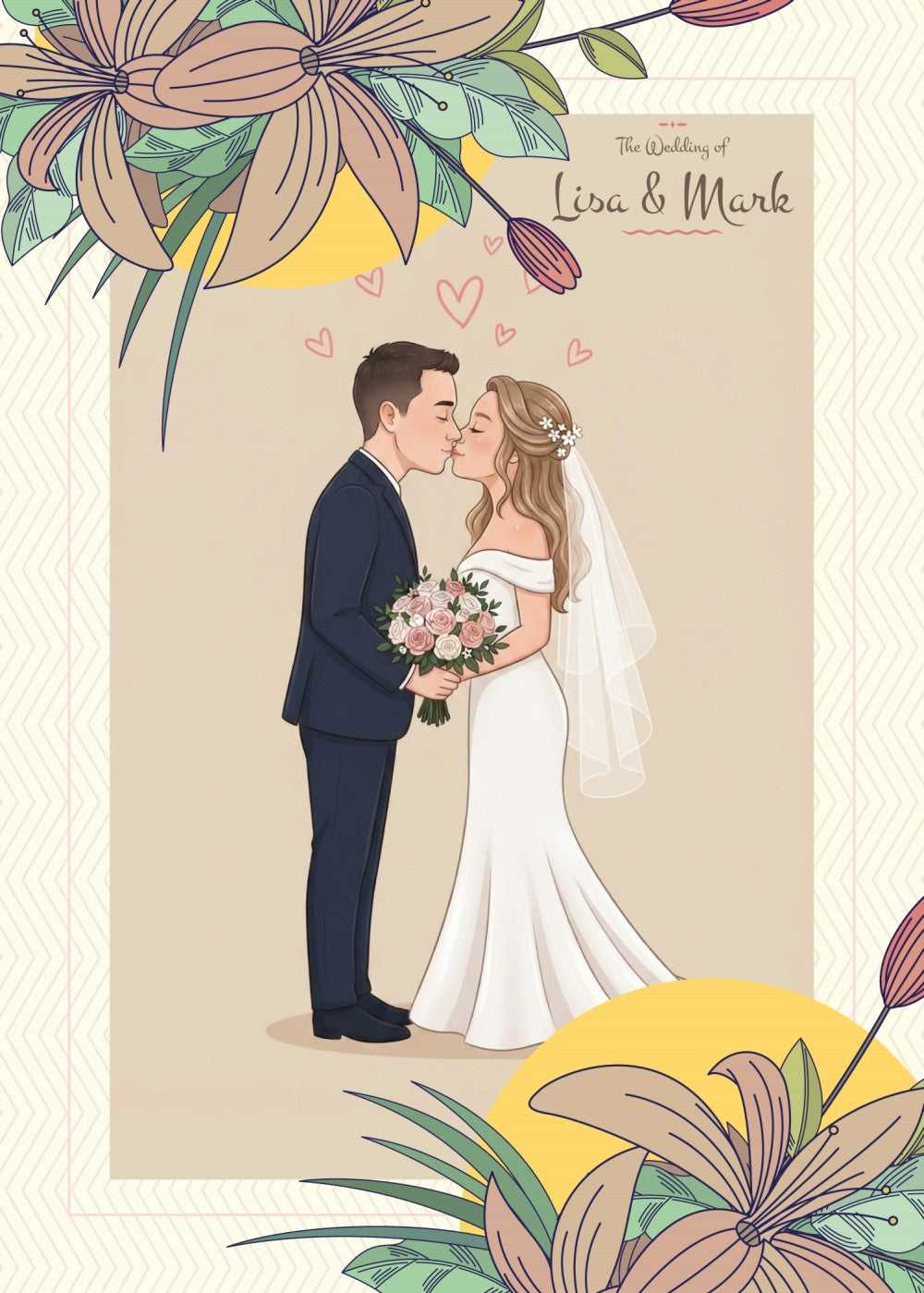 Personalized wedding invitation, kissing bride and groom
