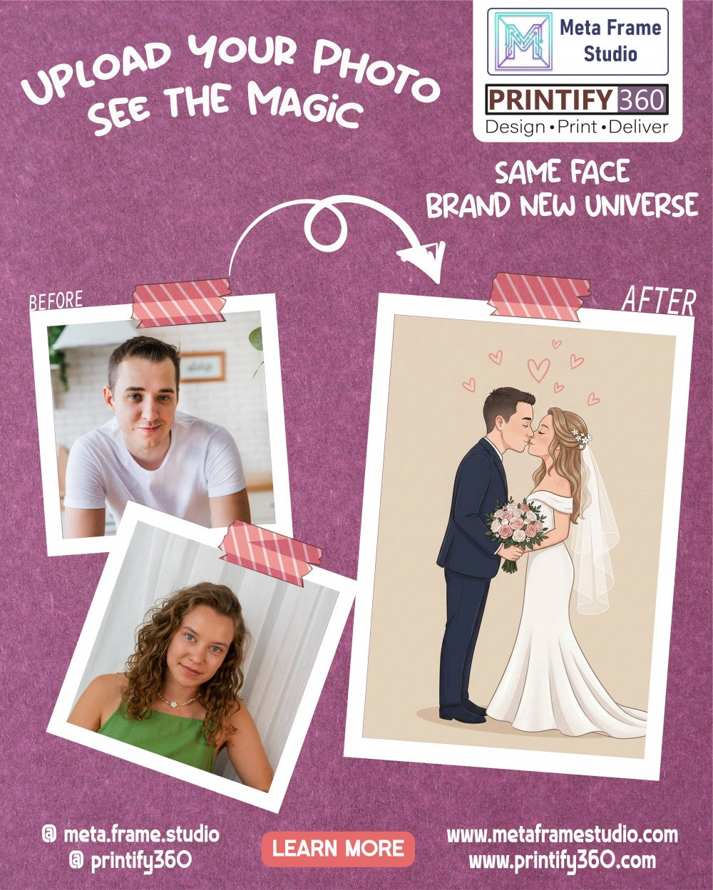 Personalized wedding invitation, kissing bride and groom