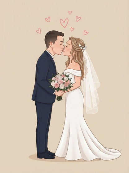 Personalized wedding invitation, kissing bride and groom