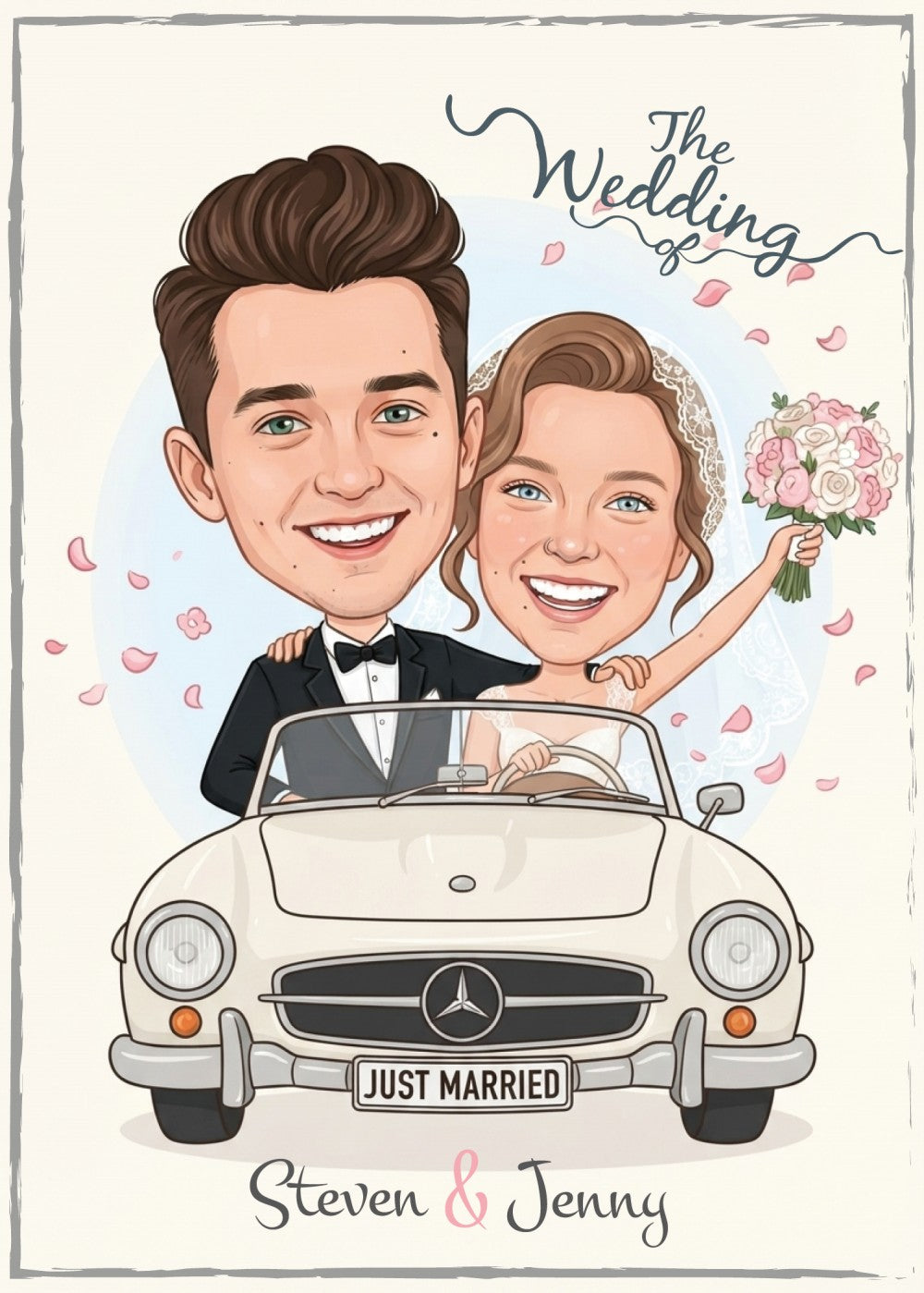Personalized wedding invitation for bride and groom in a car