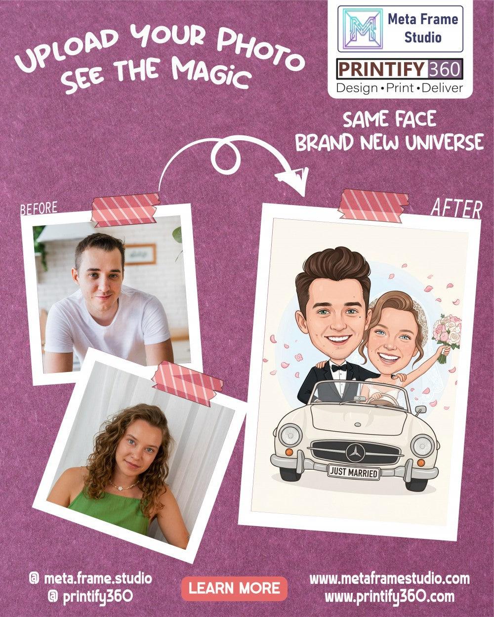 Personalized wedding invitation for bride and groom in a car