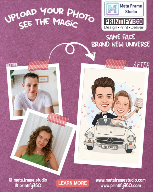 Personalized wedding invitation for bride and groom in a car
