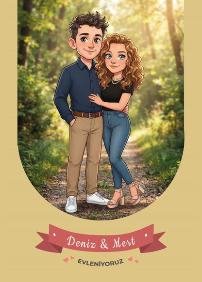 Personalized wedding invitations, bride and grooms forest walk