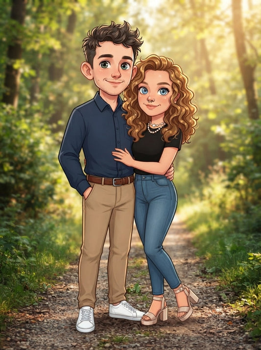 Personalized wedding invitations, bride and grooms forest walk