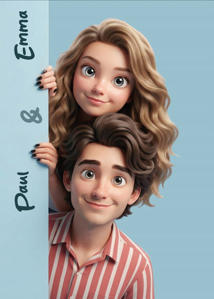 Personalized wedding invitations, cartoon characters for the bride and groom