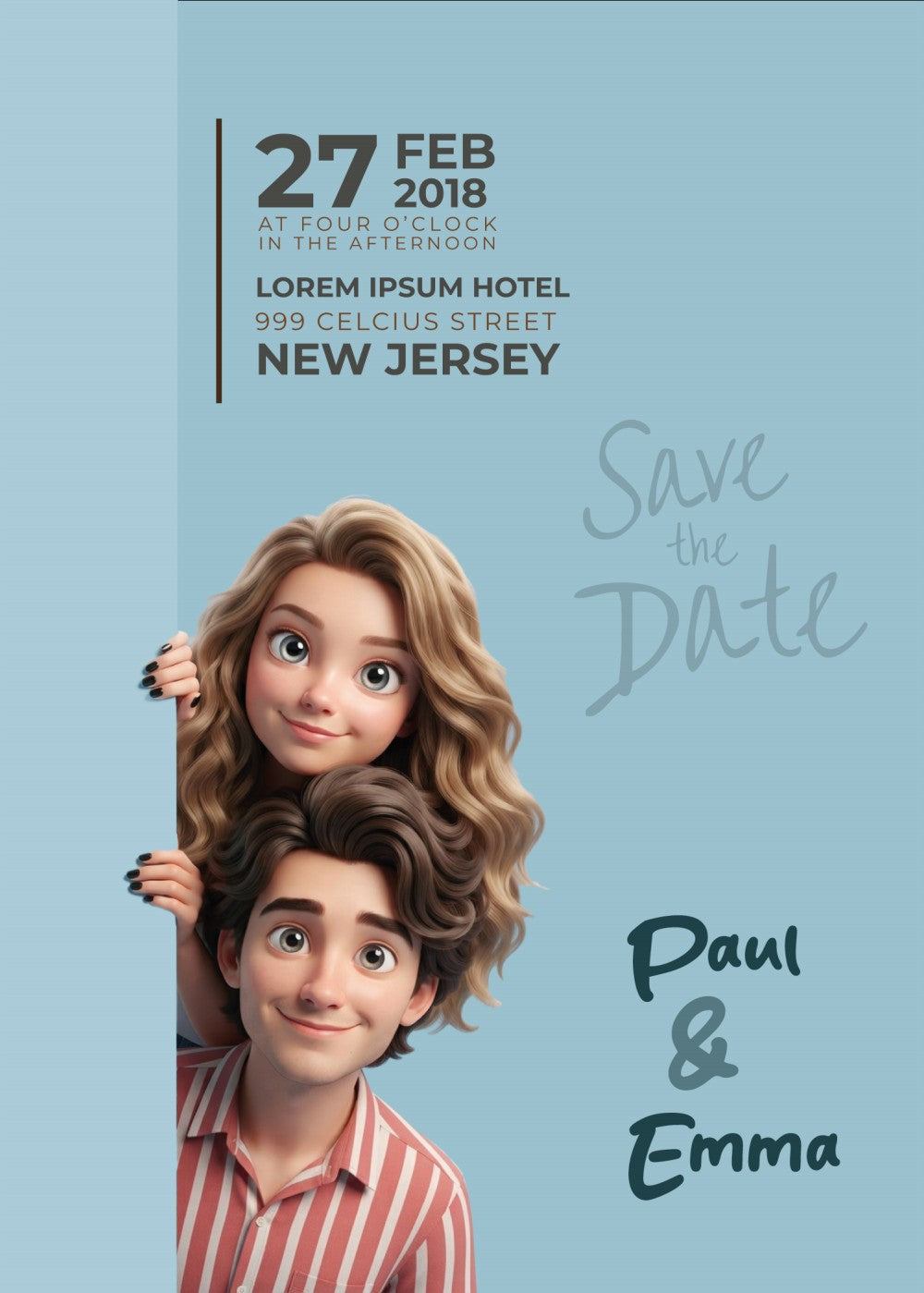 Personalized wedding invitations, cartoon characters for the bride and groom