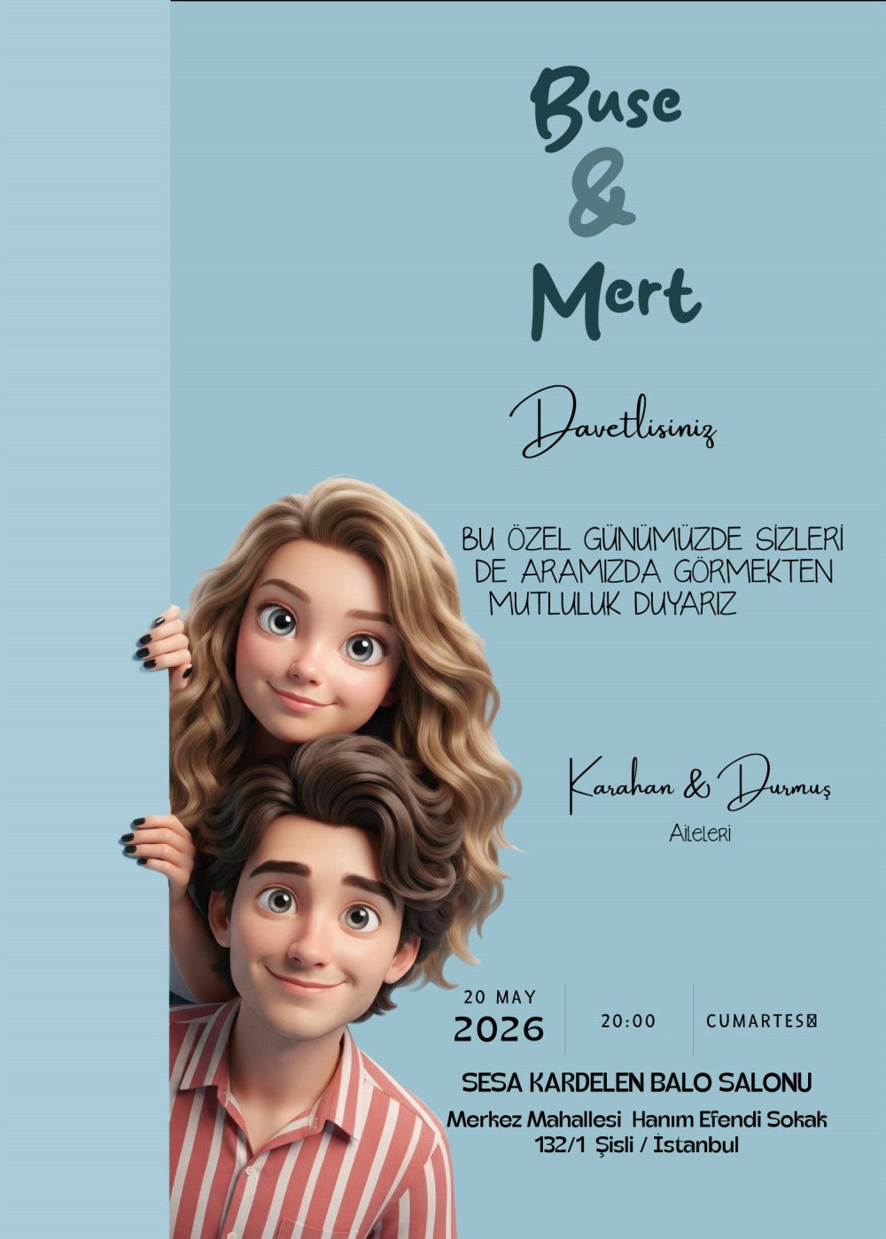 Personalized wedding invitations, cartoon characters for the bride and groom