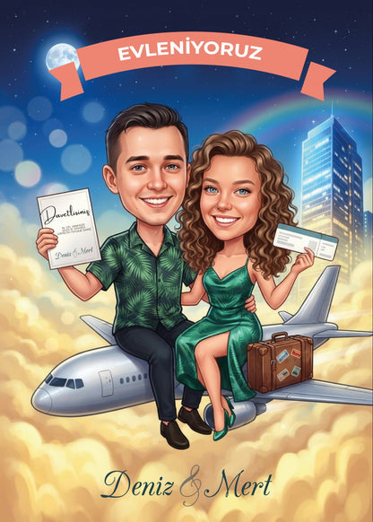 Personalized wedding invitations for a bride and groom who met while traveling