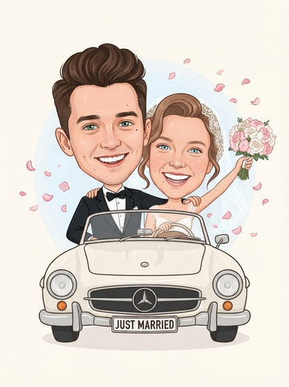 Personalized wedding invitation for bride and groom in a car