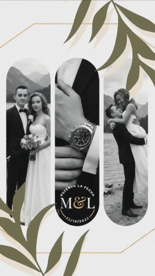 Personalized wedding invitation with video, black and white bride and groom photo