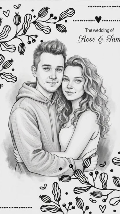 Personalized wedding invitation with video, charcoal drawing of bride and groom