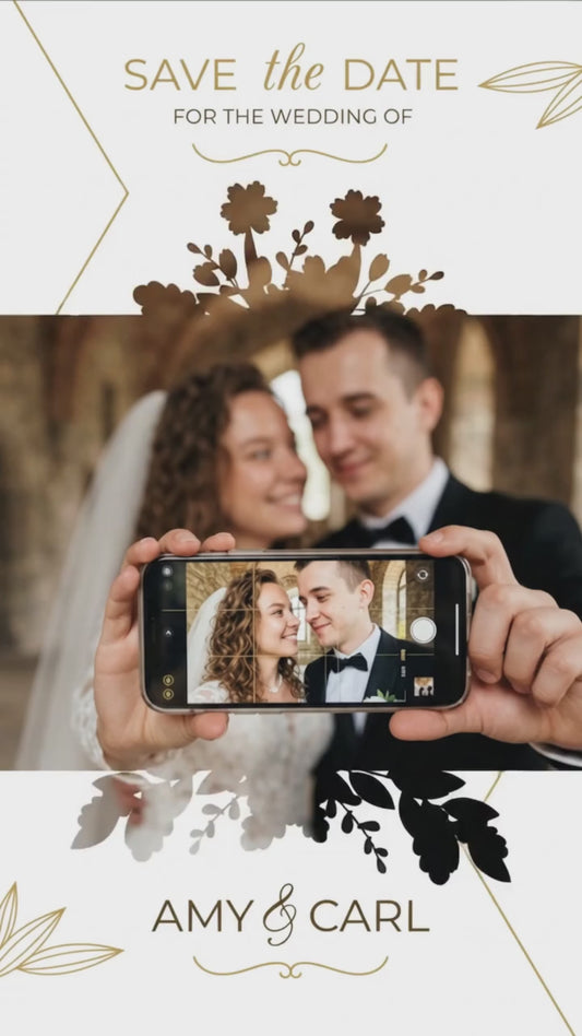 Personalized wedding invitation with video, bride and groom phone selfie