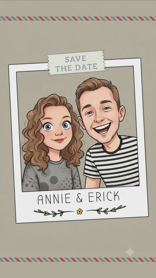 Personalized wedding invitation with video, Polaroid photo
