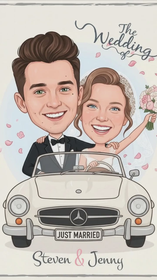 Personalized wedding invitation with video, for bride and groom in a car
