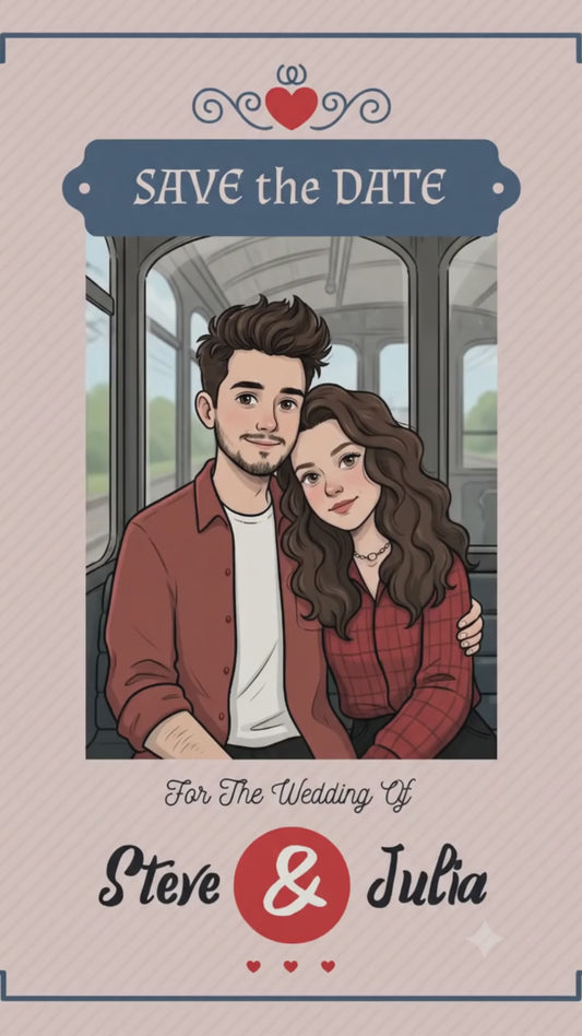 Personalized wedding invitation with video, bride and groom on a tram