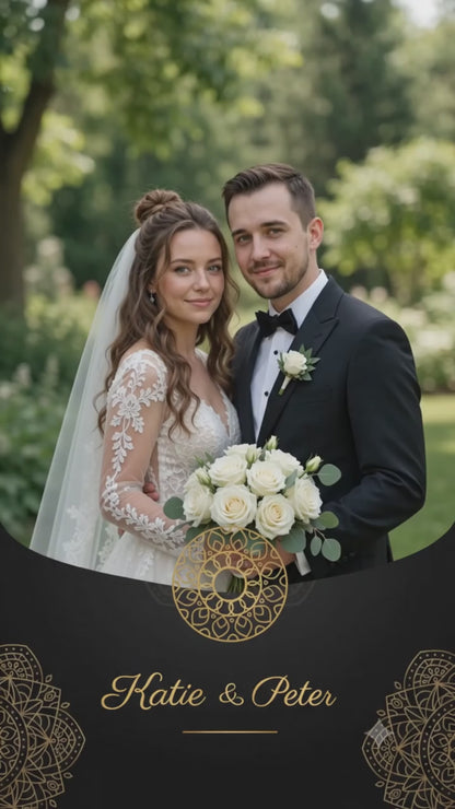 Personalized wedding invitation with video, bride and groom classic black invitation