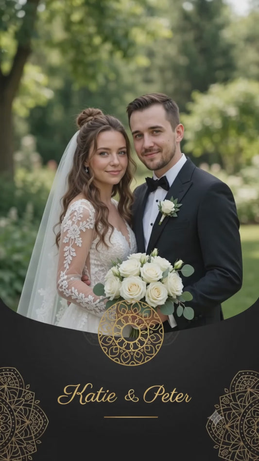 Personalized wedding invitation with video, bride and groom classic black invitation