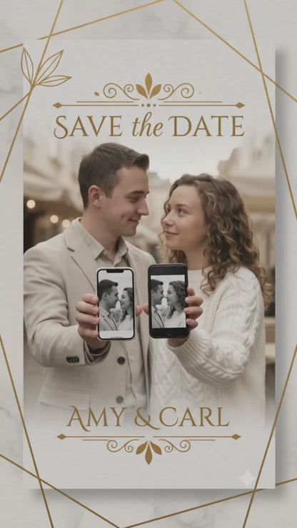 Personalized wedding invitation with video, bride and groom taking selfies with their phones