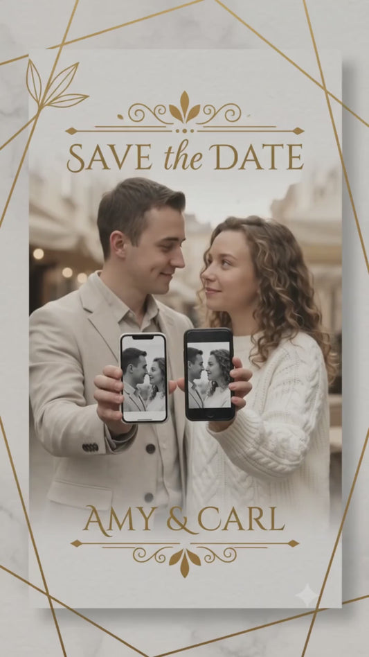 Personalized wedding invitation with video, bride and groom taking selfies with their phones